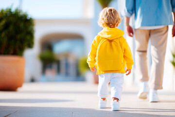 Little boy going to school holding fathers hand family education support moment