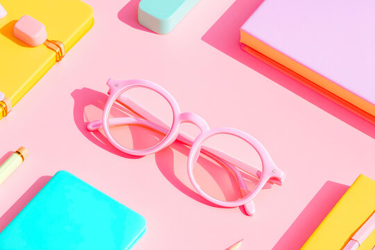 Eyeglasses alarm clock notebooks and school supplies on colorful background study time concept