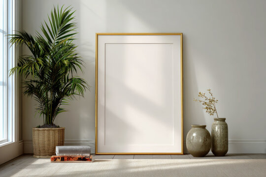 Modern gold frame mockup with plant and vases for stylish interior designs and art displays