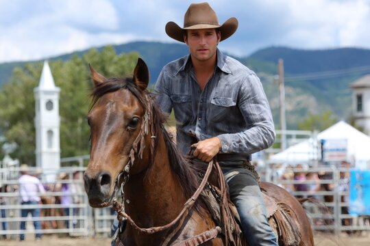 Cowboy riding horse during a western rodeo event