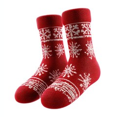 Two red and white knit socks with snowflakes on them