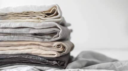 A stack of neatly folded linen fabric in various neutral colors including beige, gray, and black. The background is minimalistic and soft, enhancing the textile's texture.