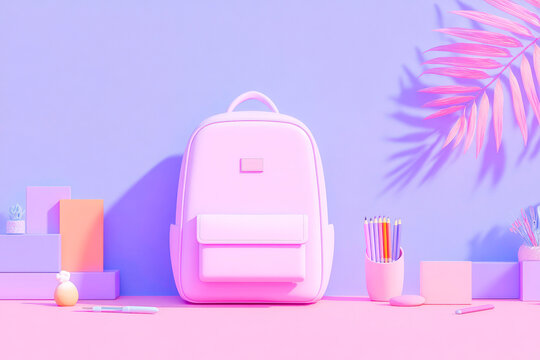 Stylish school backpack with stationery on lilac background trendy student study setup