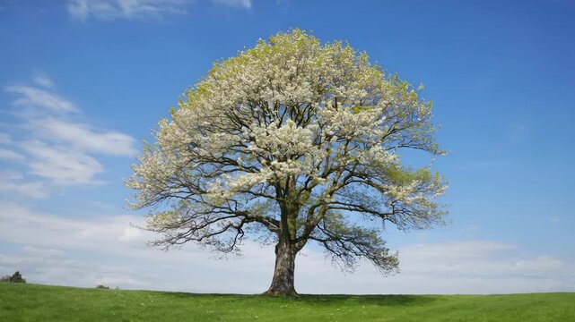 Blooming Dogwood Tree with White Flowers in Springtime on a Green Meadow under a Bright Blue Sky with Wispy Clouds