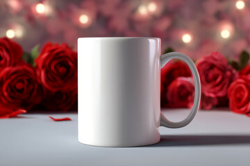 Elegant white mug mockup surrounded by vibrant red roses for romantic Valentine's Day designs
