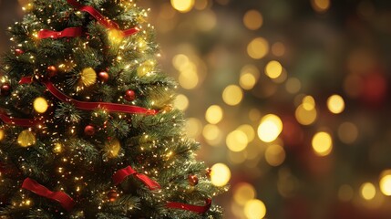 A Christmas tree with red ribbon and lights