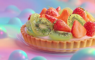 A fruit tart with strawberries, kiwi, and oranges