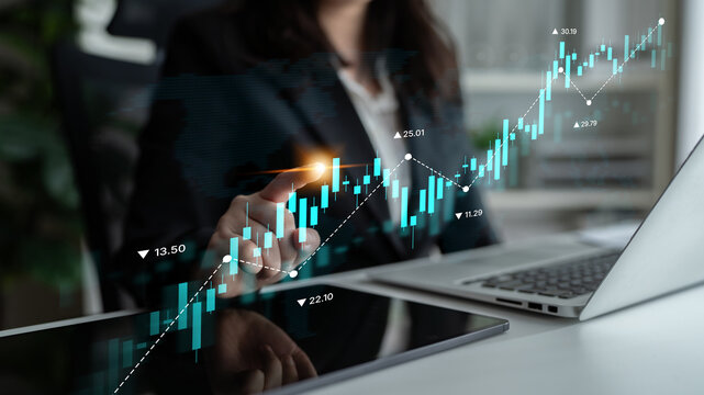 Stock market analysis with candlestick chart and price movement trend line, highlighting global financial trends, stock trading, and investment strategy insights Latch