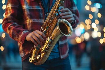Obraz premium Musician playing saxophone outdoors with festive lights