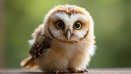 Small fluffy owl chick sits on wooden surface. Cute baby bird with big yellow eyes looks forward. Adorable fledgling owl in soft feather coat waits.
