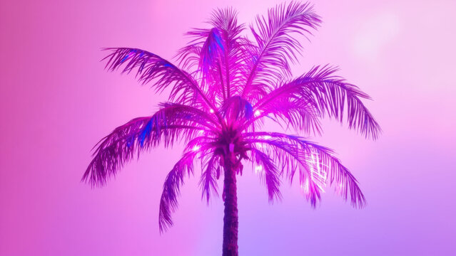 Neon palm tree silhouette against a vibrant pink and purple gradient sky