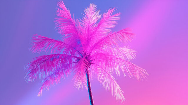Vibrant neon palm tree against a gradient purple and pink background - Powered by Adobe