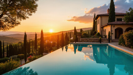 Luxury villa with infinity pool at sunset in Tuscany, Italy