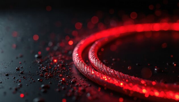 Close up of glowing red fiber optic cable forming loop on textured dark surface. Red particles, bokeh lights scatter around creating futuristic, abstract vibe. Clean, modern, intricate detail. - Powered by Adobe