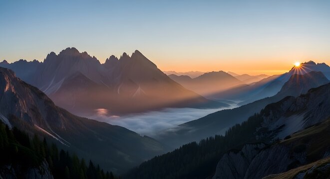 Majestic Sunrise Over Alpine Peaks and Misty Valley