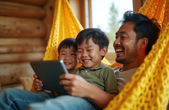 Asian father and two sons laugh while watching tablet in yellow hammock. Family spends time together indoors, enjoying a cozy moment with tech. Children learn on digital device.