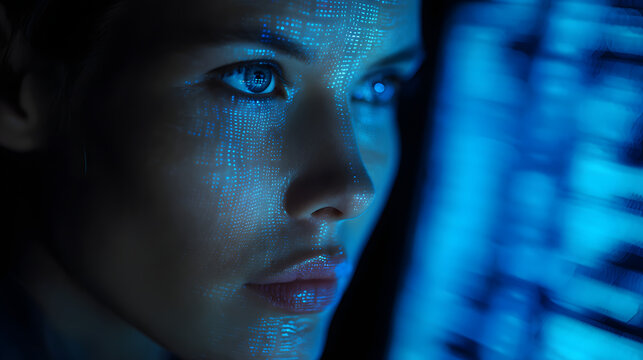 Woman in tech, illuminated by blue data light, focused on advanced cybersecurity systems, Generative AI