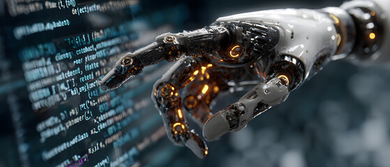 AI Robot Hand Interacting with Computer Code while coding