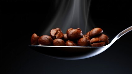 Obraz premium Steaming Roasted Coffee Beans Spoon Dark Background