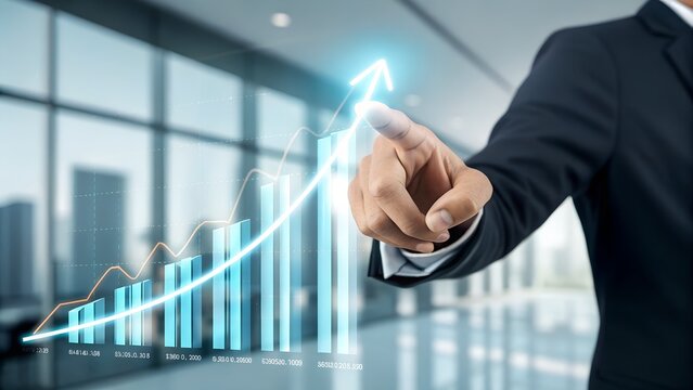 Businessman touching a glowing upward trend line symbolizing financial growth and success in a modern corporate environment