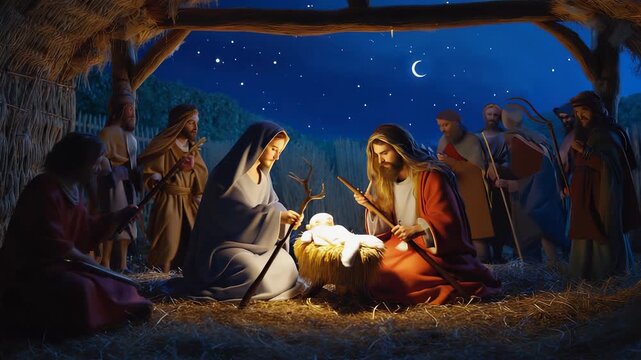 Nativity Scene Depicting the Birth of Jesus Christ with Mary, Joseph, Shepherds, Manger, Starry Night Sky and Crescent Moon