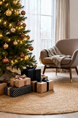 Elegant Christmas Tree with Gifts in Cozy Living Room
