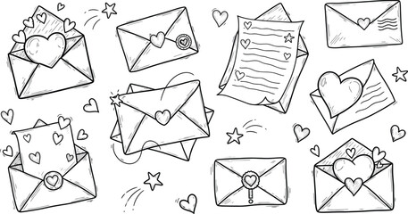 Whimsical doodles of letters and envelopes with hearts and stars, romantic sketch icons