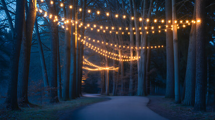Magical forest path illuminated by warm string lights creating a romantic and enchanting atmosphere...