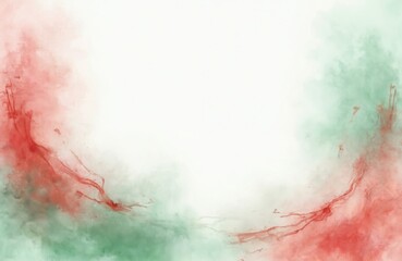 Abstract red, green watercolor paint forms soft artistic background texture. Blended brush strokes create fluid organic design with ample copy space in middle. Light, shadow interplay on colorful