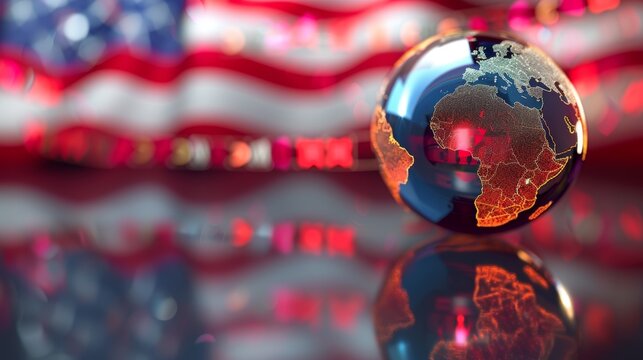 Holographic globe and data symbols depict import tariffs over american flag for global trade laws