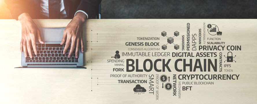 A person typing on a laptop showcases blockchain technology concepts. Various cryptocurrency terms surround the scene, symbolizing the evolution of digital assets and finance. Tessel
