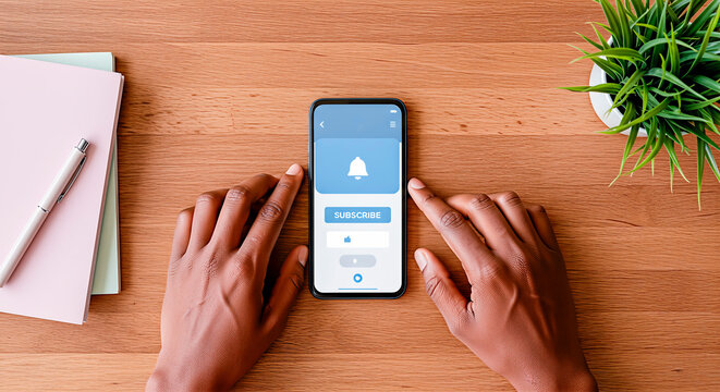 African American man using smartphone on wooden desk, interacting with subscription notification, surrounded by stationery and a small plant, showcasing modern technology and lifestyle