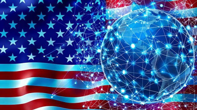 Holographic globe and data symbols illustrate import tariffs on american flag for global trade