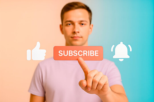 Young man in casual attire is interacting with digital subscribe button and icons, showcasing social media engagement and online community connection in a modern setting