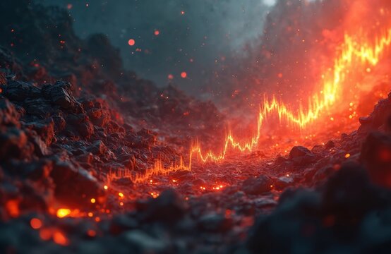 Abstract financial graph showing global stock market crash. Graph looks like line chart in flames on burning ground. Financial crisis, economic recession concept. Stock exchange, wall street panic.