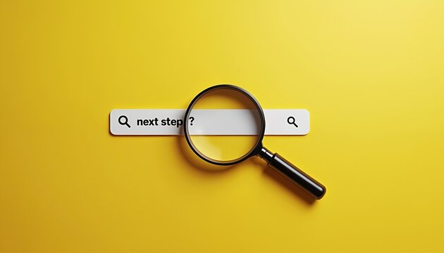 Magnifying glass finds next step query. Search loupe over inquiry sign seeks answer. Finding solution, progress concept. Future steps research, strategy in business with yellow background. New goal,