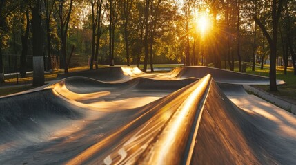 A skatepark at sunset with smooth ramps and trees surrounding the area. The sun casts a warm glow over the scene, creating a serene atmosphere.