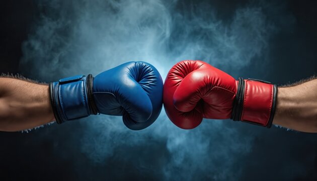 Two men face off in boxing match. Red glove meets blue glove in intense combat. Fighters ready for battle, sport competition begins, smoke fills arena, ready for punch.
