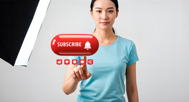 Asian woman in a light blue shirt is interacting with a large red subscribe button, showcasing engagement with social media and digital content creation in a modern studio environment