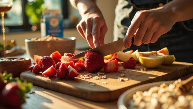 Preparing a healthy breakfast with fresh strawberries and apples on a wooden board