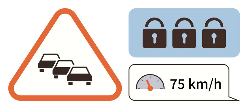 Cars in traffic sign triangle, three padlocks for restriction, speedometer displaying 75 kmh. Ideal for traffic safety, congestion, transport regulation, speed control, restriction, security simple - Powered by Adobe