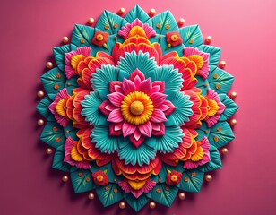Vibrant floral mandala design features layered petals on pink background. Rich colors like teal, pink, orange, yellow create festive pattern. Decorative art for cultural celebrations, greeting cards,