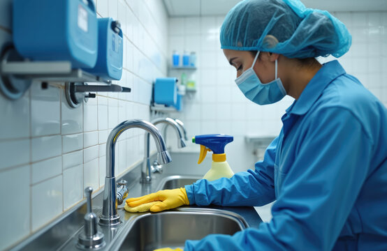 Hospital worker in protective wear cleans sink in an operating room. Cleaning lady wipes the surface with a yellow cloth. Pro disinfects the equipment in modern medical clinic.