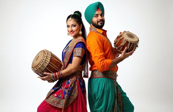 Man with teal turban and woman in blue sari hold dhol drums. They wear colorful ethnic Punjabi outfits. Dancers ready for Giddha and Bhangra performance.
