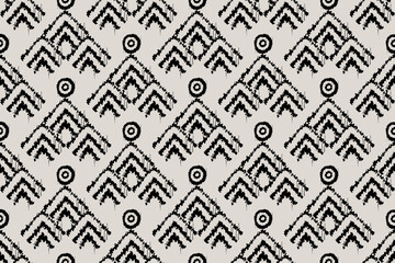 Geometric Ikat Seamless Pattern in Black and White Traditional Textile Design. Perfect for fabric prints, wallpapers, home decor, stationery, and fashion design. 