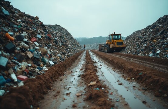 A bulldozer works on a garbage dump near mountains of trash. A lone person walks on wet dirt road. Heavy machinery moves waste. Environmental pollution scene.