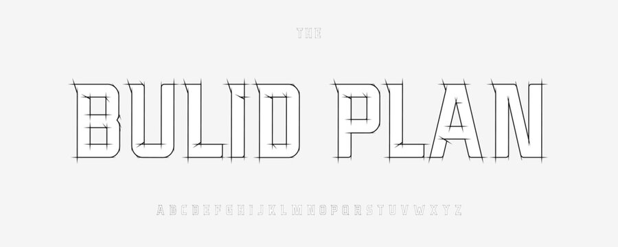 Architec Sketch Font, Draft Line Outline Alphabet, Technical Blueprint Letters, Pencil Contour Type for Building Engineering Plans, Architect Construction Project Headline and Logo. Vector typeset