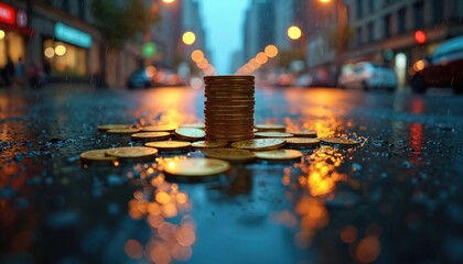 Gold coins stack on wet city street at night. Rain falls on currency scattered on asphalt. Traffic lights reflect on wet road. Economic uncertainty, financial crisis concept.