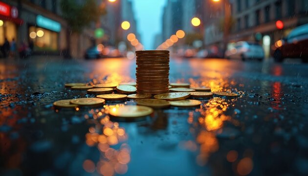 Gold coins stack on wet city street at night. Rain falls on currency scattered on asphalt. Traffic lights reflect on wet road. Economic uncertainty, financial crisis concept.