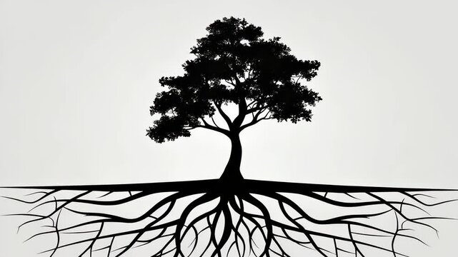 Silhouette Tree with Extensive Root System on White Background, Detailed Branches and Roots, Symbolizing Growth, Strength, and Connection to Nature